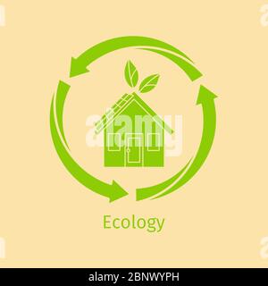 Ecology vector logo design concept with green house and arrows in circle shape Stock Vector