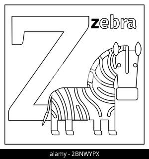 Coloring page or card for kids with English animals zoo alphabet. Zebra, letter Z vector illustration Stock Vector