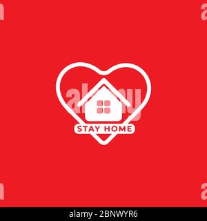 Stay Home White Logo Design Isolated on Red Background. Home and Heart illustrated the protection and love. Stop spread of coronavirus. Fight Covid-19 Stock Vector
