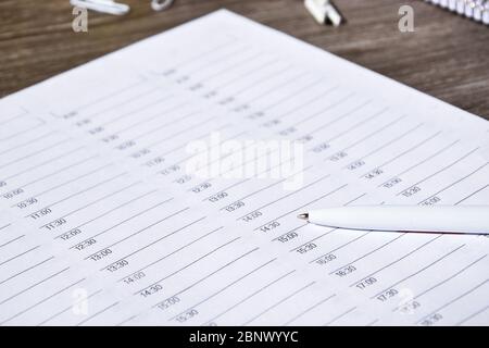 Open time Diary agenda planner with a pen. Close-up, copy space for text, selective focus Stock Photo