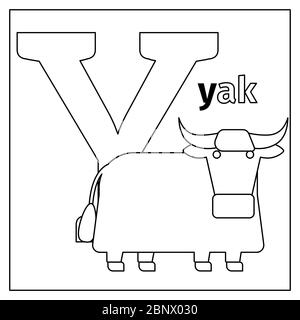 Coloring page or card for kids with English animals zoo alphabet. Yak, letter Y vector illustration Stock Vector