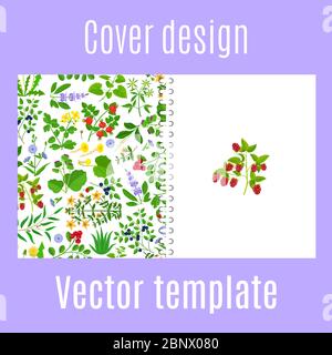 Cover design for print with herbs, flowers and berries pattern. Vector illustration Stock Vector