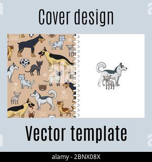 Cover design for print with cats and dogs pattern. Vector illustration Stock Vector