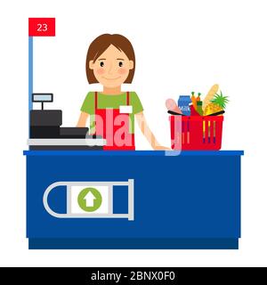 Cashier woman at the cash register machine and a shopping cart. Vector illustration Stock Vector