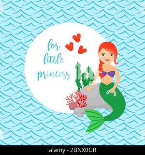 Cute card for girls with mermaid, circle frame and waves background. For little princess text. Vector illustration Stock Vector