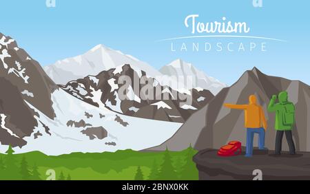 Realistic vector winter sport tourism landscape, horizontal background with mountains Stock Vector
