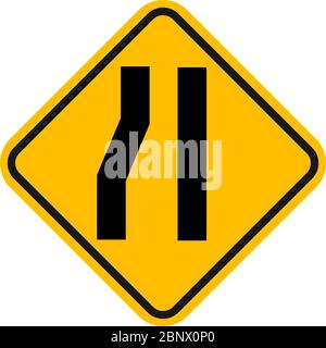 Road narrows on left. Traffic symbols. Yellow background. Stock Vector