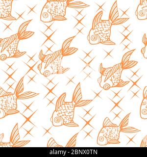 Seamless pattern golden fish orange outline icon golden fish in different angles flat vector illustration on white background Stock Vector
