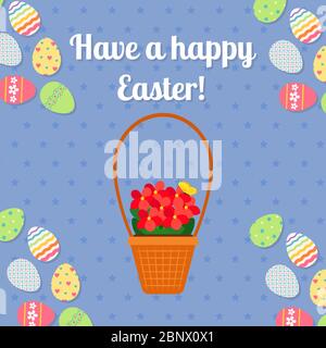 Happy Easter blue vertical greeting card with eggs. Vector illustration Stock Vector