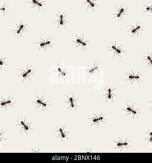 Ant monochromic pattern vector illustration. Black little ants on light background Stock Vector