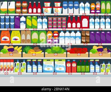 Horizontal vector background, store shelves with groceries products Stock Vector