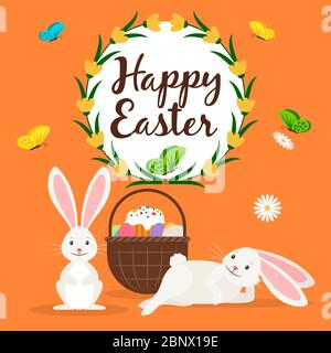 Happy easter greeting card template with rabbits and Easter basket. Vector illustration Stock Vector