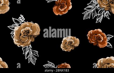 Watercolor seamless pattern with big flowers. Hand painted watercolor illustration on black background. Stock Photo