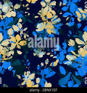 Abstract Elegance Seamless pattern with watercolor flowers on blue background. Stock Photo