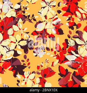 Abstract Elegance Seamless pattern with red watercolor flowers on yellow background. Stock Photo