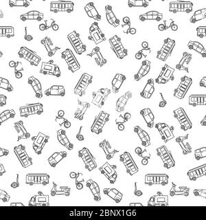 Ground transportation in linear style monochrome seamless pattern. Vector illustration Stock Vector