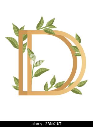 Letter D with gradient style beige color covered with green leaves eco font flat vector illustration isolated on white background Stock Vector