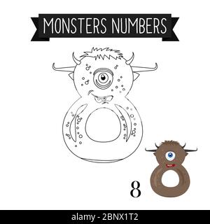 Coloring page monsters numbers for kids. Number 8 vector illustration Stock Vector