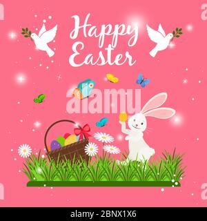 Happy easter card template with cute white rabbit and bunny eggs shaped and spring flowers. Vector illustration Stock Vector