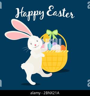 Happy easter greeting card template with rabbit and Easter eggs. Vector illustration Stock Vector