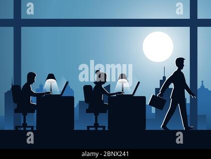 business man work overtime hard with laptop to complete his work with cityscape background on night time,silhouette style Stock Vector