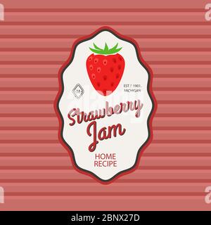 Strawberry jam retro fruit label and simple pattern backdrop. Vector illustration Stock Vector