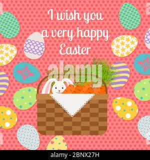 Happy Easter pink vertical greeting card with rabbit and Easter basket. Vector illustration Stock Vector