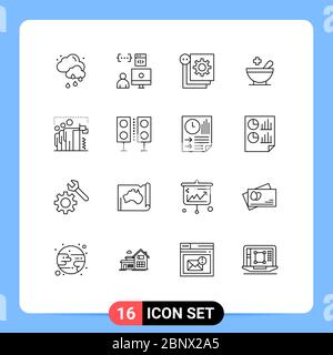 Universal Icon Symbols Group of 16 Modern Outlines of team, bowl, coding, patient, programming Editable Vector Design Elements Stock Vector