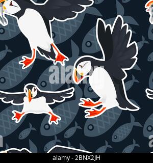 Seamless pattern atlantic puffin bird cartoon animal design flat vector illustration on blue background with fish Stock Vector
