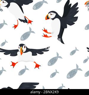 Seamless pattern atlantic puffin bird cartoon animal design flat vector illustration on white background with fish Stock Vector