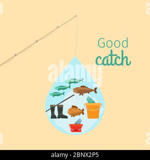 Fishing on the water. Fisherman in boat, vector illustration in circle shape Stock Vector