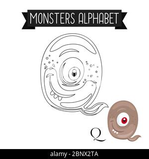 Coloring page monsters alphabet for kids. Letter Q vector illustration Stock Vector
