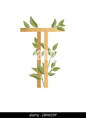 Letter T with gradient style beige color covered with green leaves eco font flat vector illustration isolated on white background Stock Vector