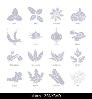 Condiments and spices vector silhouettes set on white Stock Vector