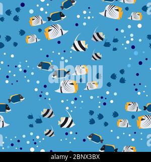 Fish and bubbles seamless pattern on blue. Vector illustration Stock Vector
