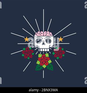 Funny retro scull and roses colorful label design on the dark background. Vector illustration Stock Vector