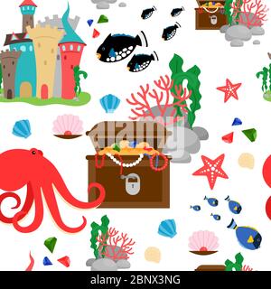 Cartoon sea animals and marine treasures seamless pattern. Vector illustration Stock Vector