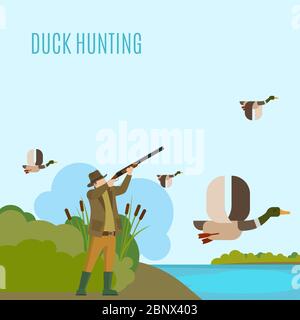 Hunting concept illustration. Duck hunting vector illustration with hunter and ducks Stock Vector