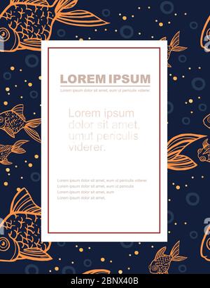 Advertising flyer design with golden fish orange outline icon golden fish in different angles flat vector illustration on blue background Stock Vector