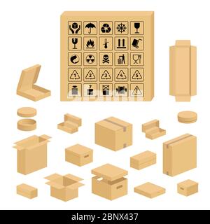 Packaging symbols. Carton box pack set. Closed and opened brown carton packing boxes vector flat items on white Stock Vector