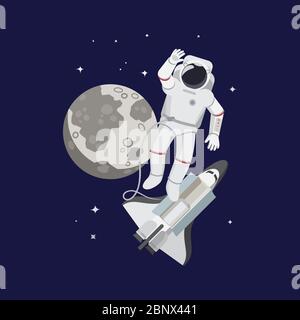 Astronaut in space. Moon planet and rocket on star background. Vector illustration Stock Vector