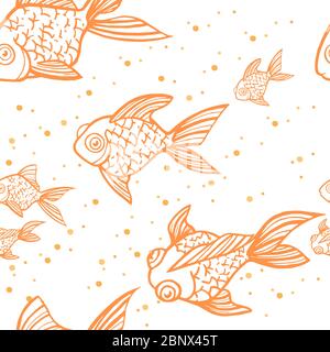 Seamless pattern golden fish orange outline icon golden fish in different angles flat vector illustration on white background Stock Vector