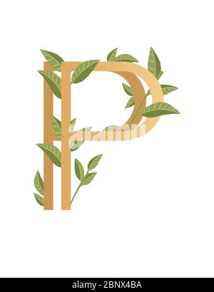 Letter P with gradient style beige color covered with green leaves eco font flat vector illustration isolated on white background Stock Vector