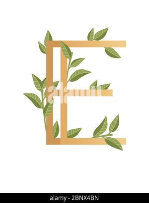 Letter E with gradient style beige color covered with green leaves eco font flat vector illustration isolated on white background Stock Vector