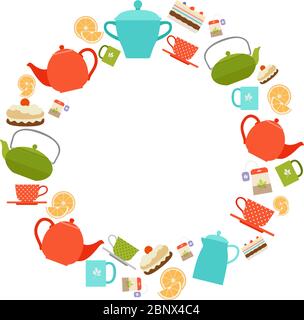 Teapots, jugs, cups, lemon and cakes round frame Vector illustration Stock Vector