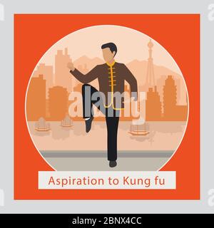 Aspiration to kung fu man and logo, vector illustration Stock Vector