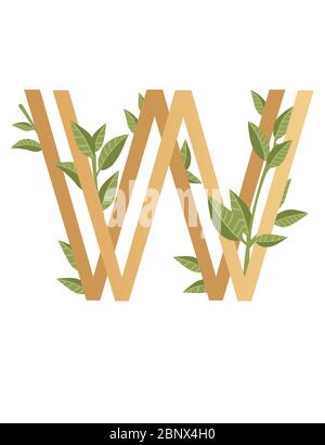 Letter W with gradient style beige color covered with green leaves eco font flat vector illustration isolated on white background Stock Vector