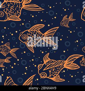 Seamless pattern golden fish orange outline icon golden fish in different angles flat vector illustration on blue background Stock Vector