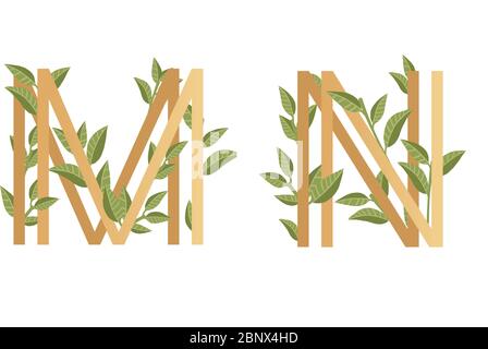 Letter N with gradient style beige color covered with green leaves eco font flat vector illustration isolated on white background Stock Vector