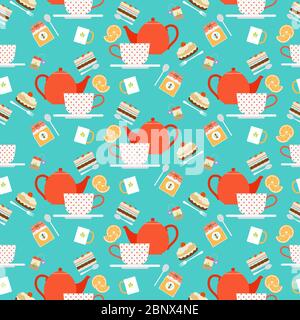 Vector illustration tea time seamless pattern with tea pot and cups and sweets Stock Vector